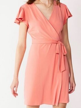 Nine West Coral Wrap Dress with Flutter Sleeves Cocktail Business Casual